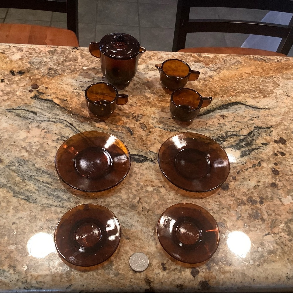 9 piece miniature set brown glass